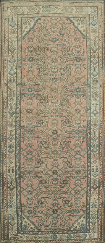 Traditional Vintage Pink and Blue Persian Runner with Warm Hues 4x9 ft