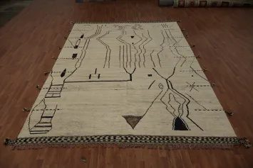 Chic Neutrality with Artistic Line Patterns Moroccan Area Rug 9x13
