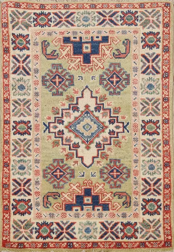 Pistachio Green Geometric Kazak Oriental Rug 2x3
