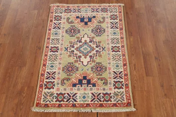 Pistachio Green Geometric Kazak Oriental Rug 2x3