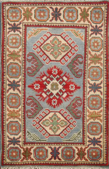 Light Blue Geometric Kazak Oriental Foyer Rug 2x3
