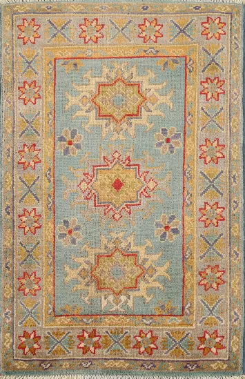 Light Blue Geometric Kazak Oriental Accent Rug 2x3