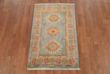 Light Blue Geometric Kazak Oriental Accent Rug 2x3
