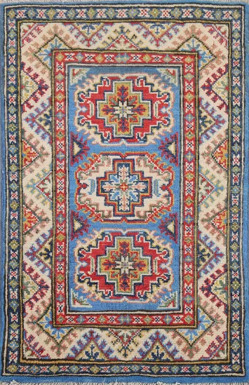 Geometric Blue Kazak Oriental Foyer Rug 2x3