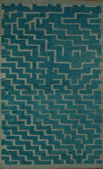 Vibrant Teal Stairs Patterned Moroccan Large Modern Rug 12x16