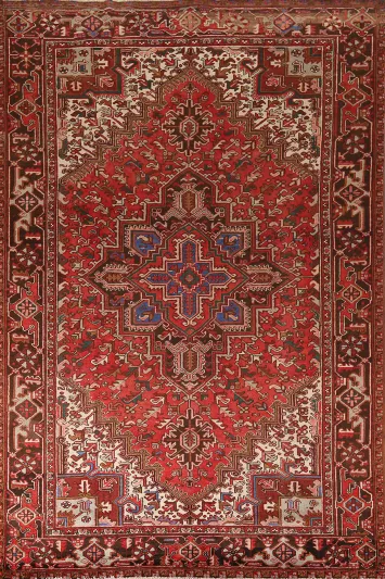 Geometric Red Wool Heriz Persian Area Rug 7x11