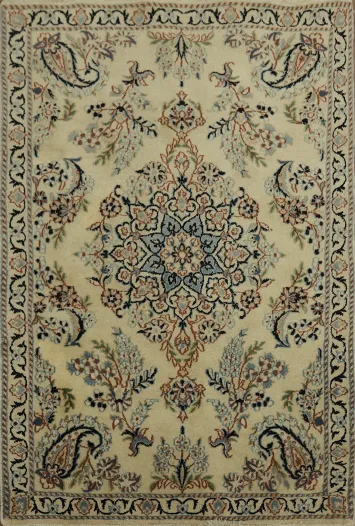 Elegant Persian Nain Ivory and Blue Rug with Intricate Floral Patterns Design 3x4