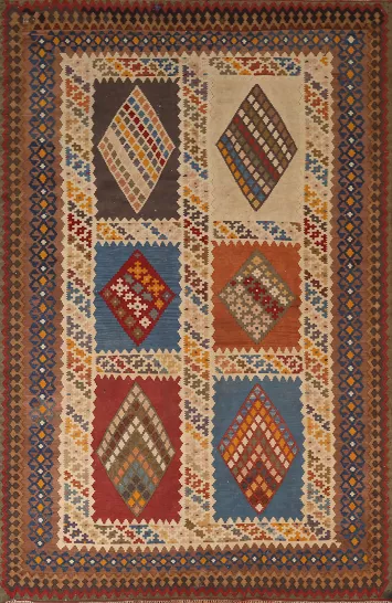 Vegetable Dye Kilim Qashqai Flat Pile Persian Rug 5x8