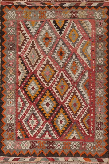 Red & Pink Geometric Kilim Flat Pile Persian Rug 4x7