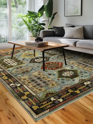 Light Blue Geometric Kazak Tribal Area Rug 8x10