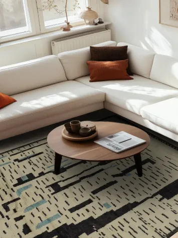 Stylish Neutral-Toned Moroccan Area Rug 7x10 with Artistic Elements