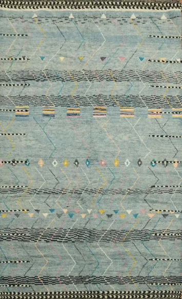 Enchanting Moroccan Blue Rug with Modern Geometric and Chevron Style 7x11