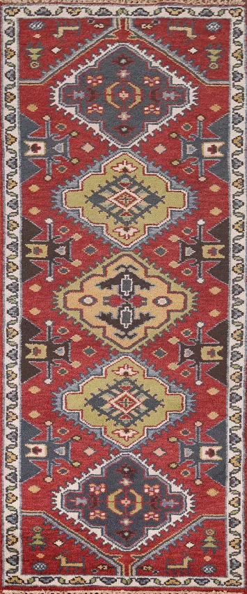 Red Geometric Kazak Oriental Runner Rug 3x8