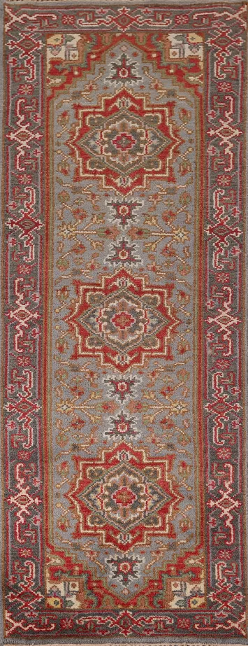 Gray Geometric Kazak Oriental Runner Rug 3x8