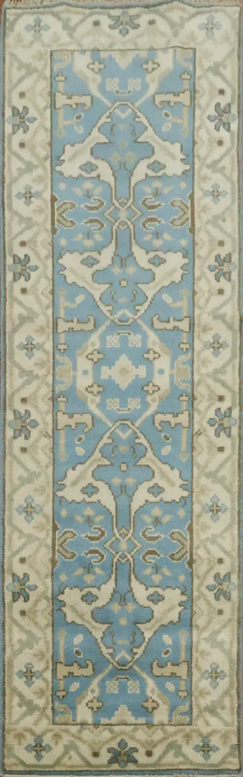 Elegant Blue and Beige Runner Rug with Geometric Motifs 2x8