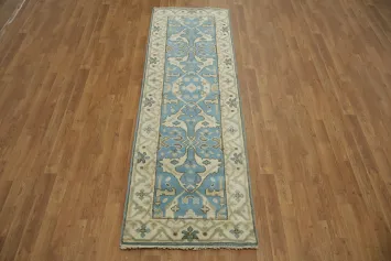 Elegant Blue and Beige Runner Rug with Geometric Motifs 2x8