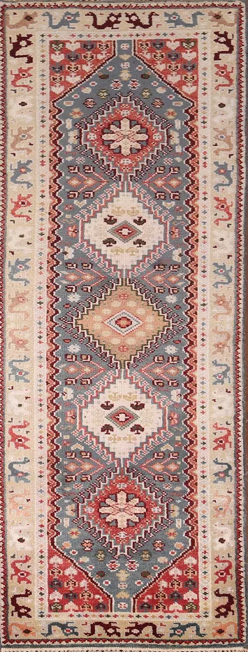 Gray Geometric Kazak Indian Runner Rug 3x8