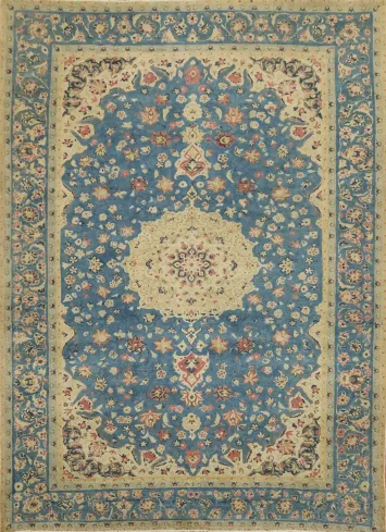 Vintage Blue and Beige Floral Tabriz Persian Area Rug 9x12