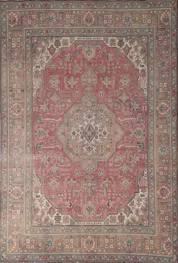 Pink Geometric Wool Tabriz Persian Area Rug 7x10