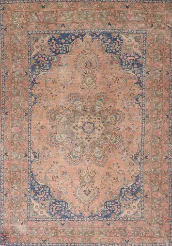 Distressed Floral Wool Mashad Persian Area Rug 6x10