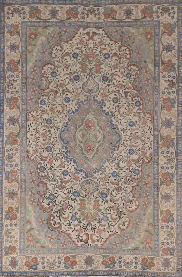 Vintage Ivory Floral Tabriz Persian Area Rug 7x10