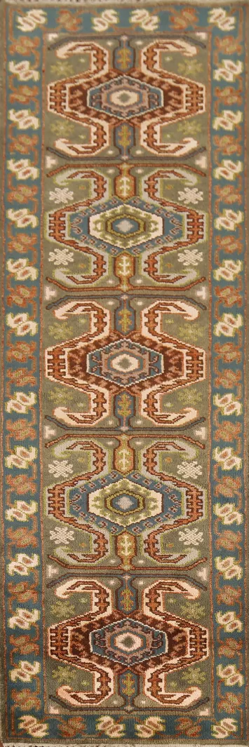 Green Geometric Kazak Oriental Runner Rug 3x10