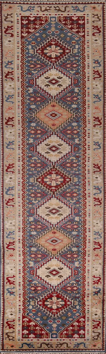 Blue Geometric Khotan Oriental Runner Rug 3x12