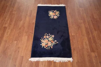 Navy Blue Floral Art Deco Chinese Accent Rug 2x4