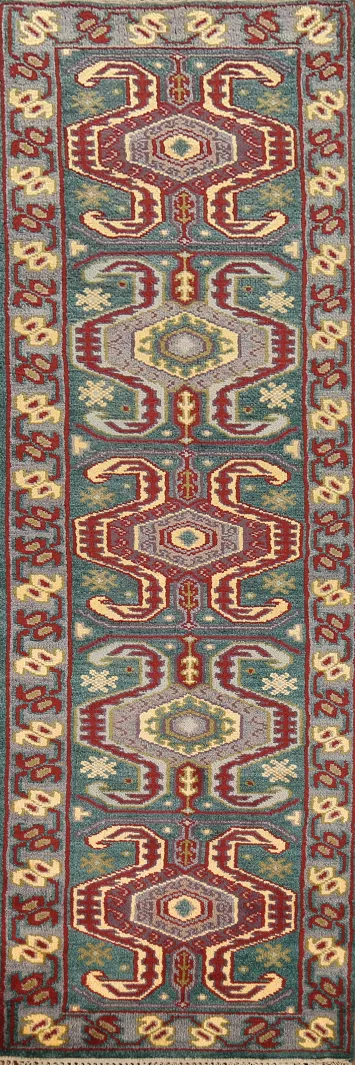 Green Geometric Kazak Oriental Runner Rug 2x10