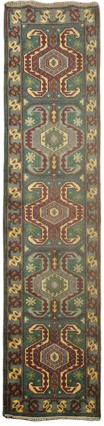 Green Geometric Kazak Oriental Runner Rug 2x10