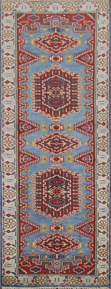 Light Blue Geometric Viss Oriental Runner Rug 3x8