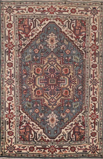 Blue Geometric Heriz Serapi Indian Rug 4x6