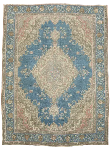 Distressed Blue and Pink Vintage Tabriz Persian Area Rug 10x13