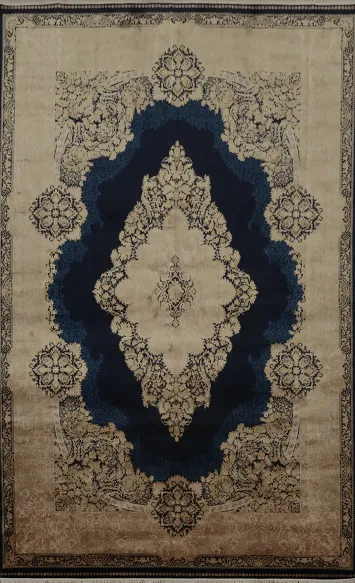 Ornate Medallion Qum Area Rug 7x10 in Navy and Beige for a Regal Look