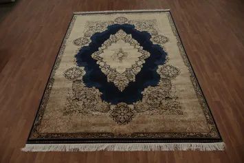 Ornate Medallion Qum Area Rug 7x10 in Navy and Beige for a Regal Look