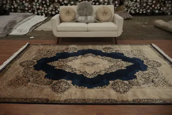 Classic Navy and Beige Rug with Ornate Central Medallion Pattern 7x10