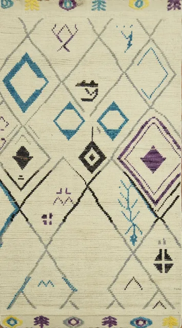 Striped Wool Ivory Moroccan Oriental Rug 4x7