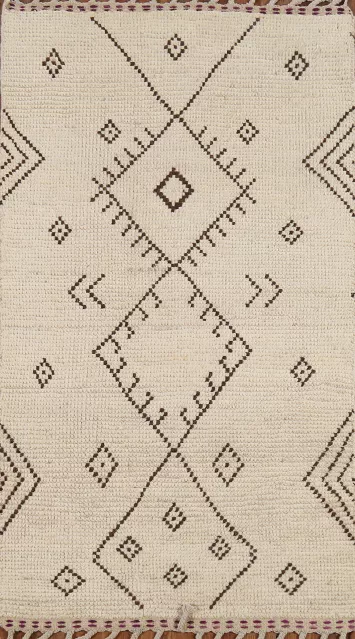 Ivory Wool Geometric Moroccan Oriental Rug 3x6