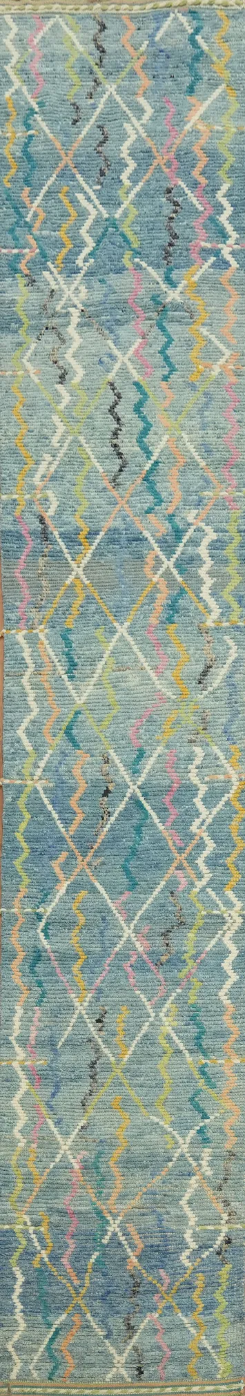 Contemporary Blue Moroccan Runner Rug 3x16
