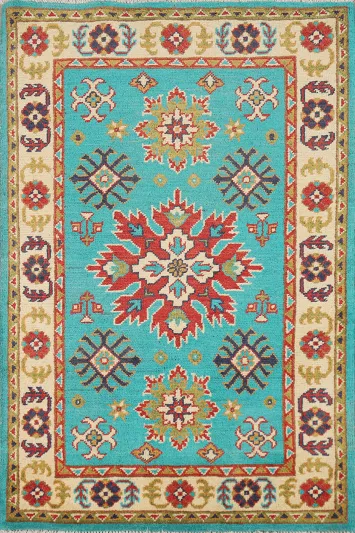 Turquoise Blue Kazak Handmade Wool Accent Rug 3x4