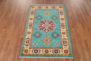 Turquoise Blue Kazak Handmade Wool Accent Rug 3x4