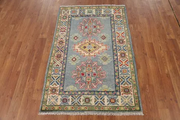 Blue Geometric Kazak Handmade Wool Accent Rug 3x4