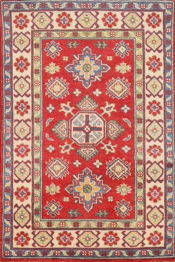 Red Geometric Kazak Handmade Wool Accent Rug 3x4