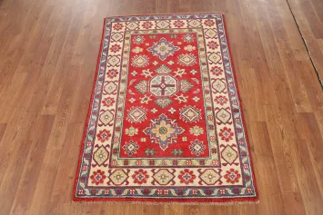 Red Geometric Kazak Handmade Wool Accent Rug 3x4