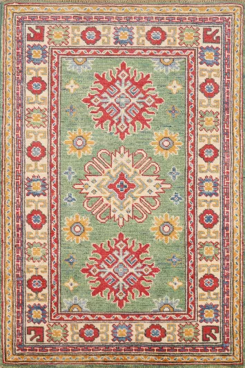 Green Geometric Kazak Handmade Wool Accent Rug 3x4