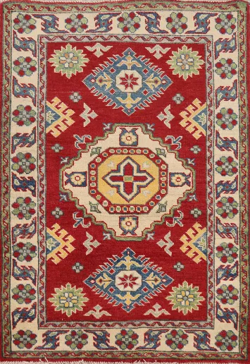 Red Geometric Kazak Handmade Wool Accent Rug 3x4