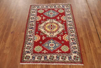 Red Geometric Kazak Handmade Wool Accent Rug 3x4