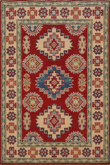 Red Geometric Kazak Wool Accent Rug 3x4