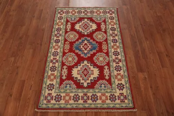 Red Geometric Kazak Wool Accent Rug 3x4