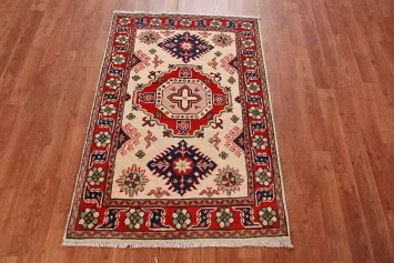 Ivory Kazak Handmade Wool Accent Rug 3x4